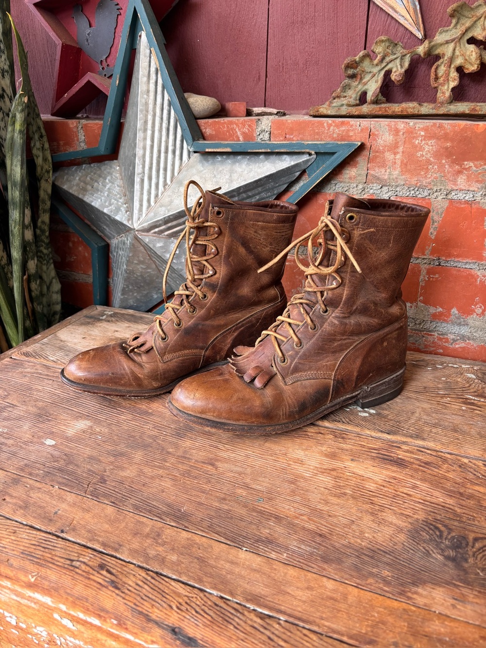 Vintage Justin Lace-Up Boots Brown Distressed Leather Tassel USA Womens Size 8 B